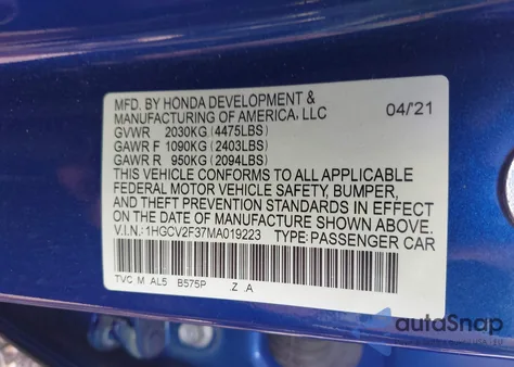 2021 Honda Accord Sport 2.0T z USA, uszkodzony, nr VIN 1HGCV2F37MA019223